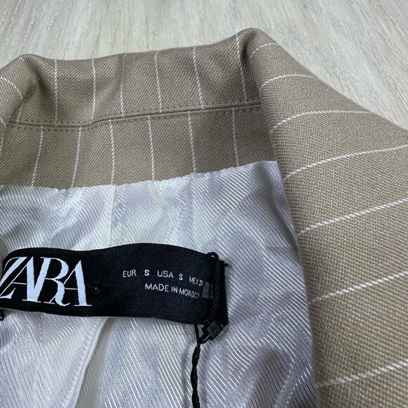NWT Zara Beige Pin Stripe One Button Notch Lapel Trendy Chic Blazer Jacket Small - Picture 11 of 15